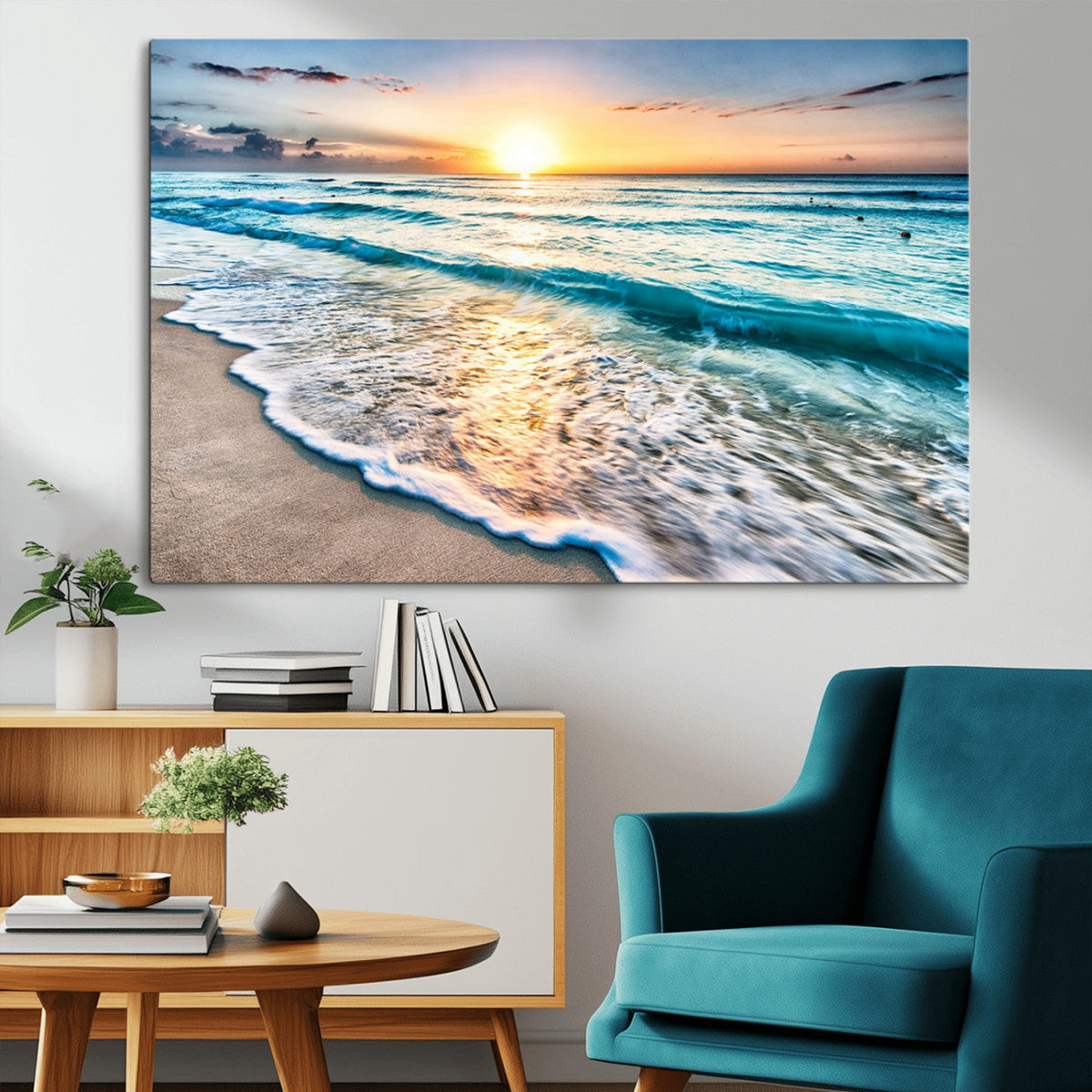 Sunset Beach Waves Canvas Wall Art | Ocean Sunset Coastal Print