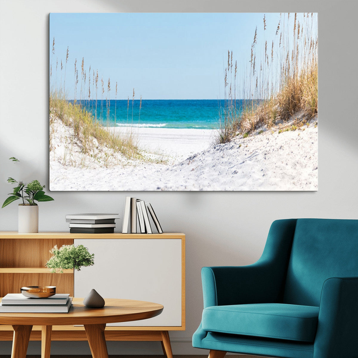 Serene Coastal Dune Path with Ocean View, 3-Panel Beach Canvas Wall Art
