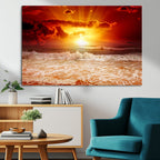 Red Sunset Ocean Beach Canvas Wall Art, Coastal Sunset Print