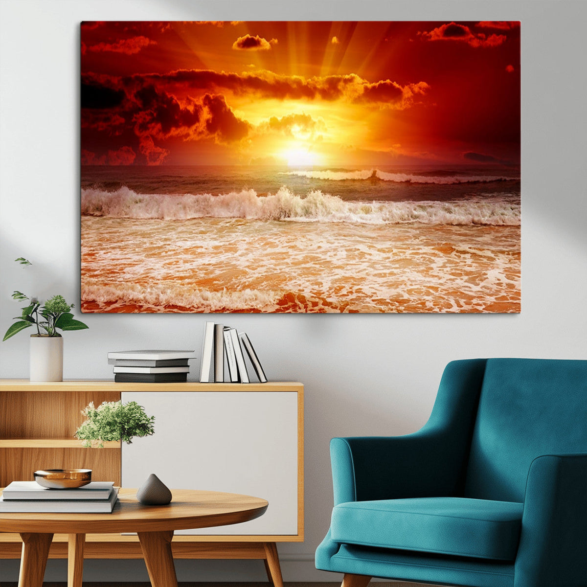 Red Sunset Ocean Beach Canvas Wall Art, Coastal Sunset Print
