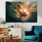 Ocean Wave Sunset Canvas Wall Art | Triptych Seascape Print