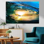 Ocean Wave at Sunset Canvas Art, Large Wall Print of Vibrant Surfing Wave