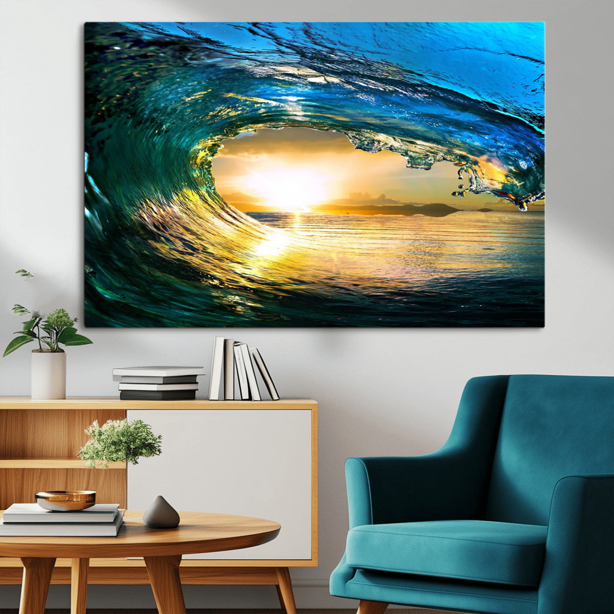 Ocean Wave at Sunset Canvas Art, Large Wall Print of Vibrant Surfing Wave