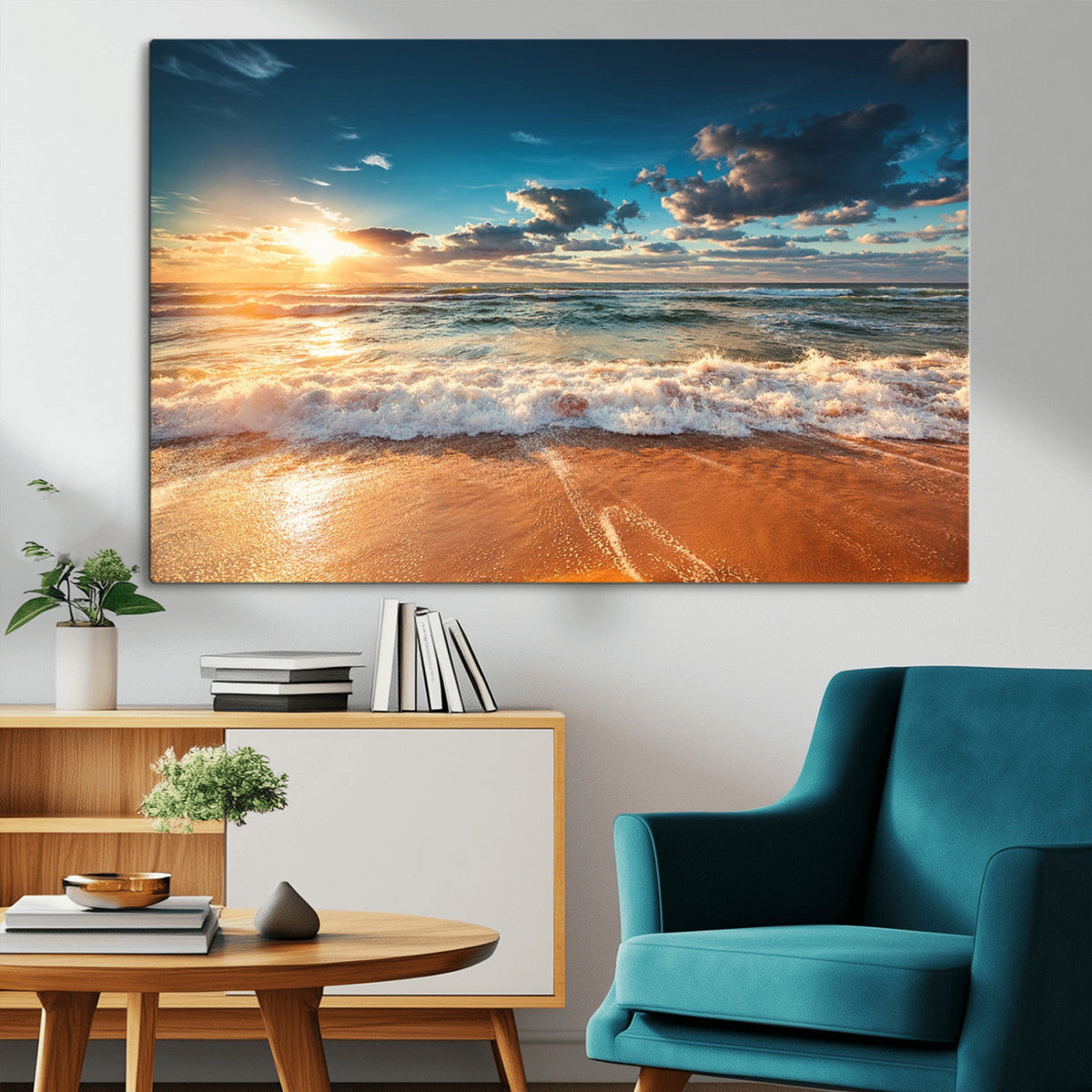 Golden Sunset Beach Triptych Canvas Art, Giclee Coastal Wall Decor, Ocean Waves Print