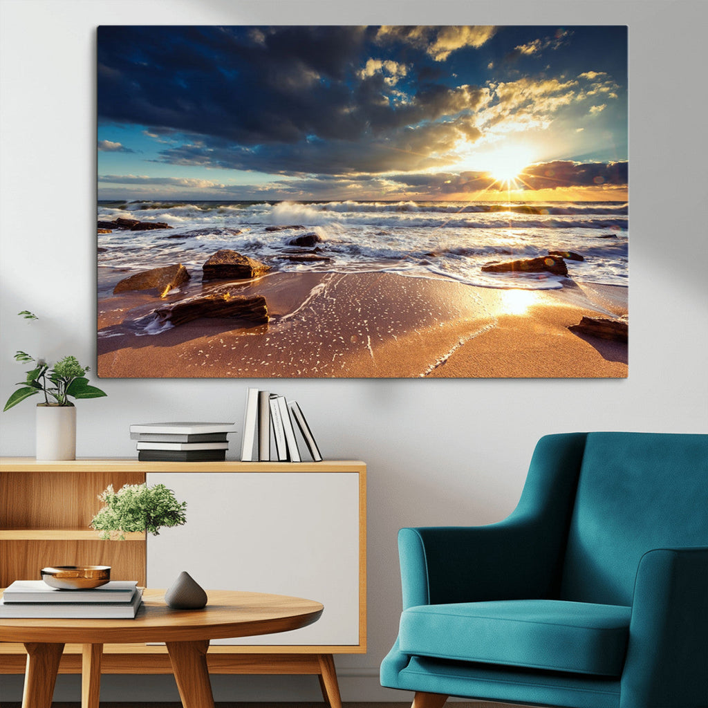 Golden Hour Beach Sunset Canvas Triptych, Ocean Waves and Rocks Wall Art