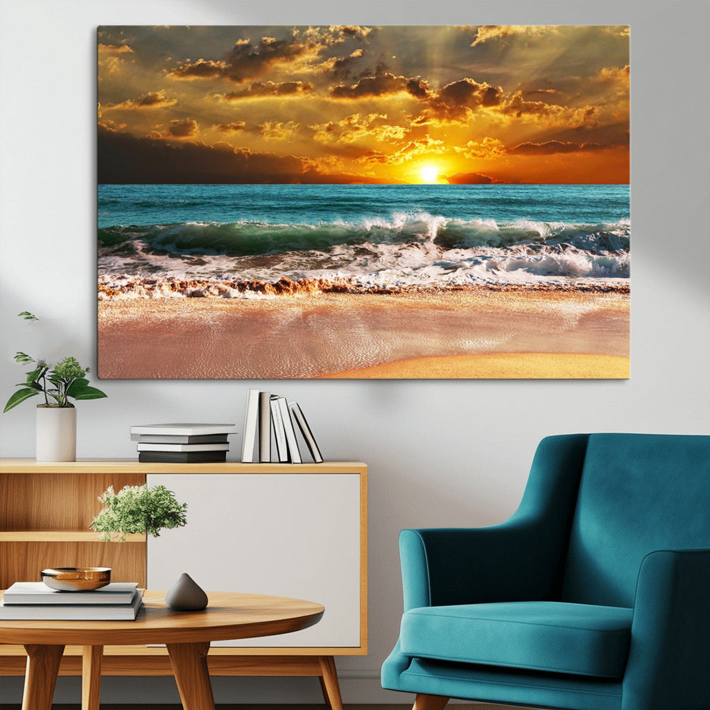 Golden Sunset Beach Canvas Wall Art | Triptych Seascape Print, Framed and Ready to Hang