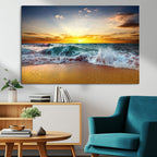 Golden Sunset Ocean Waves Wall Art Canvas Print | Multi Panel Beach Canvas Set, Coastal Triptych