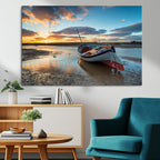 Small Boat At The Beach Sunset Wall Art, Boat Sunset Wall Art Canvas Print