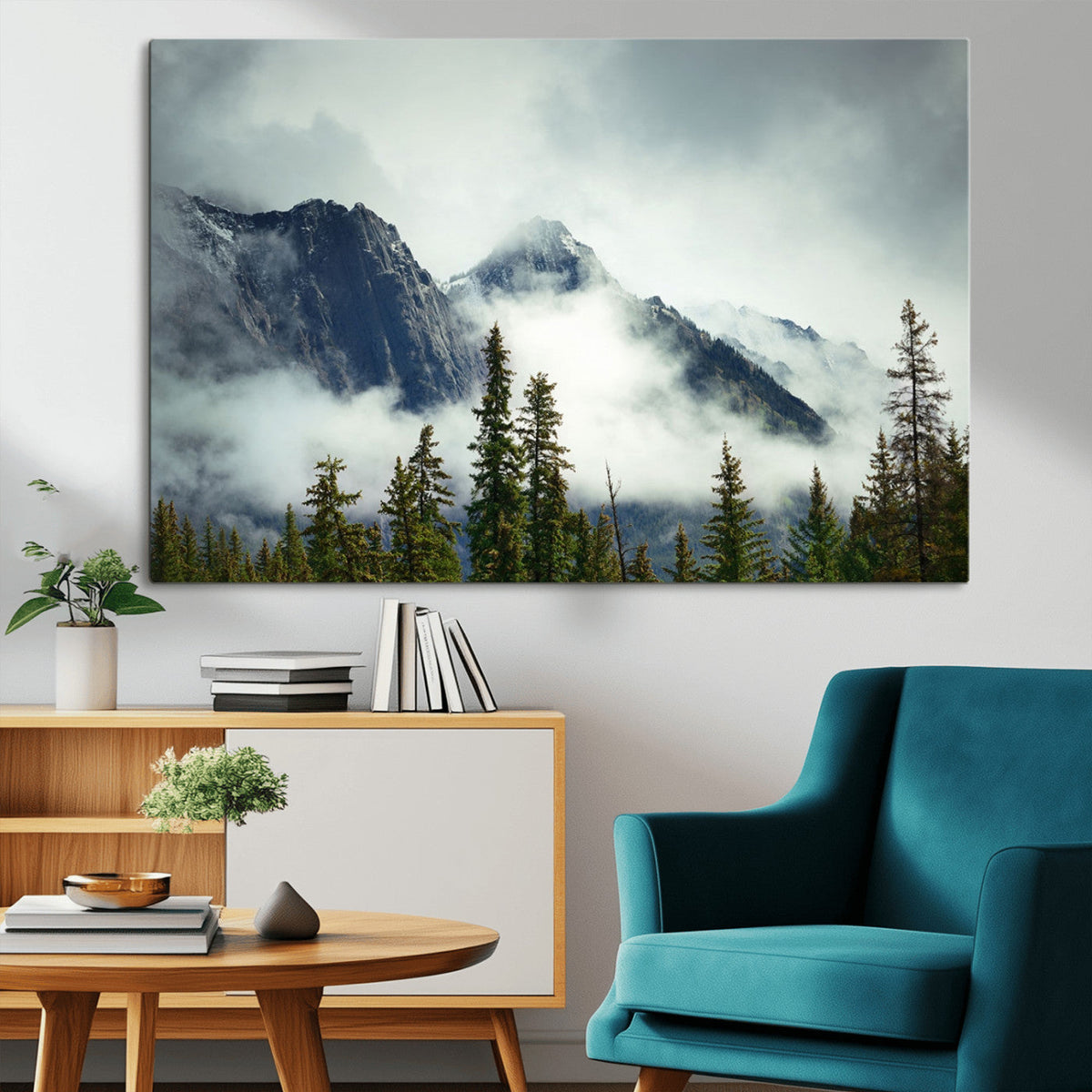 Mountain Mist Canvas Wall Art Print | 3-Panel Foggy Forest and Mountain Landscape