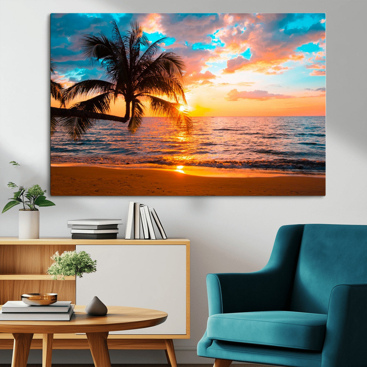 Palm Tree Sunset On The Beach Wall Art Canvas, Framed Palm Tree Sunset Canvas Print