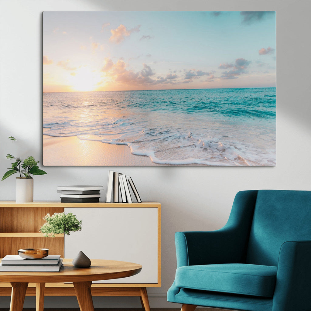 Tranquil Ocean Beach Sunset Canvas Wall Art | 3-Panel Coastal Decor
