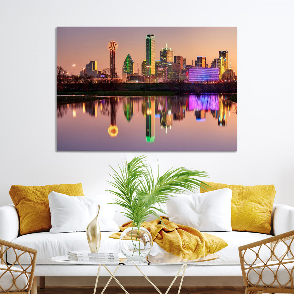Colorful Dallas City Lights Night Skyline Wall Art Print