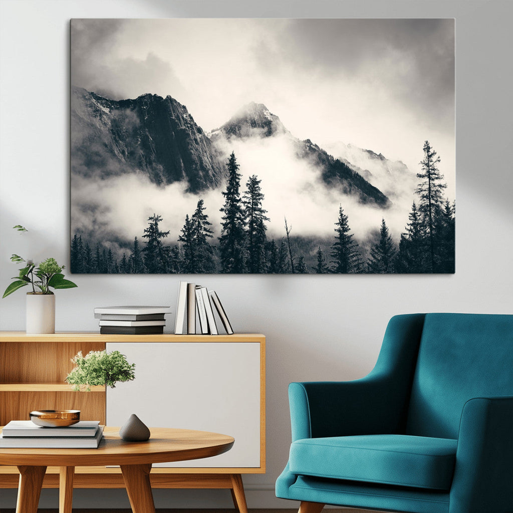 Forest Mountain Print | Black and White Canvas Wall Art with Misty Forest Design