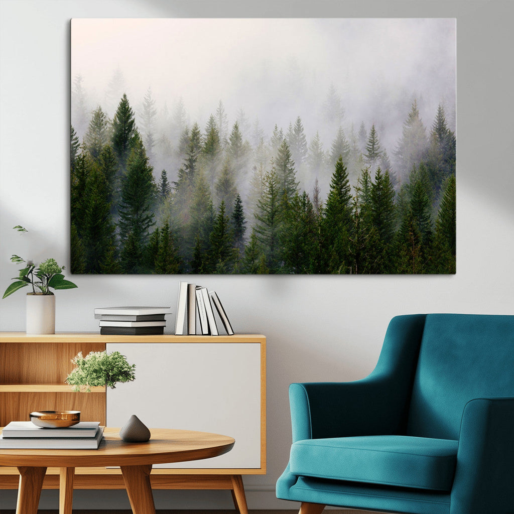 Forest Wall Art Canvas Print | Foggy Forest Wall Art | Pine Wood Forest Print