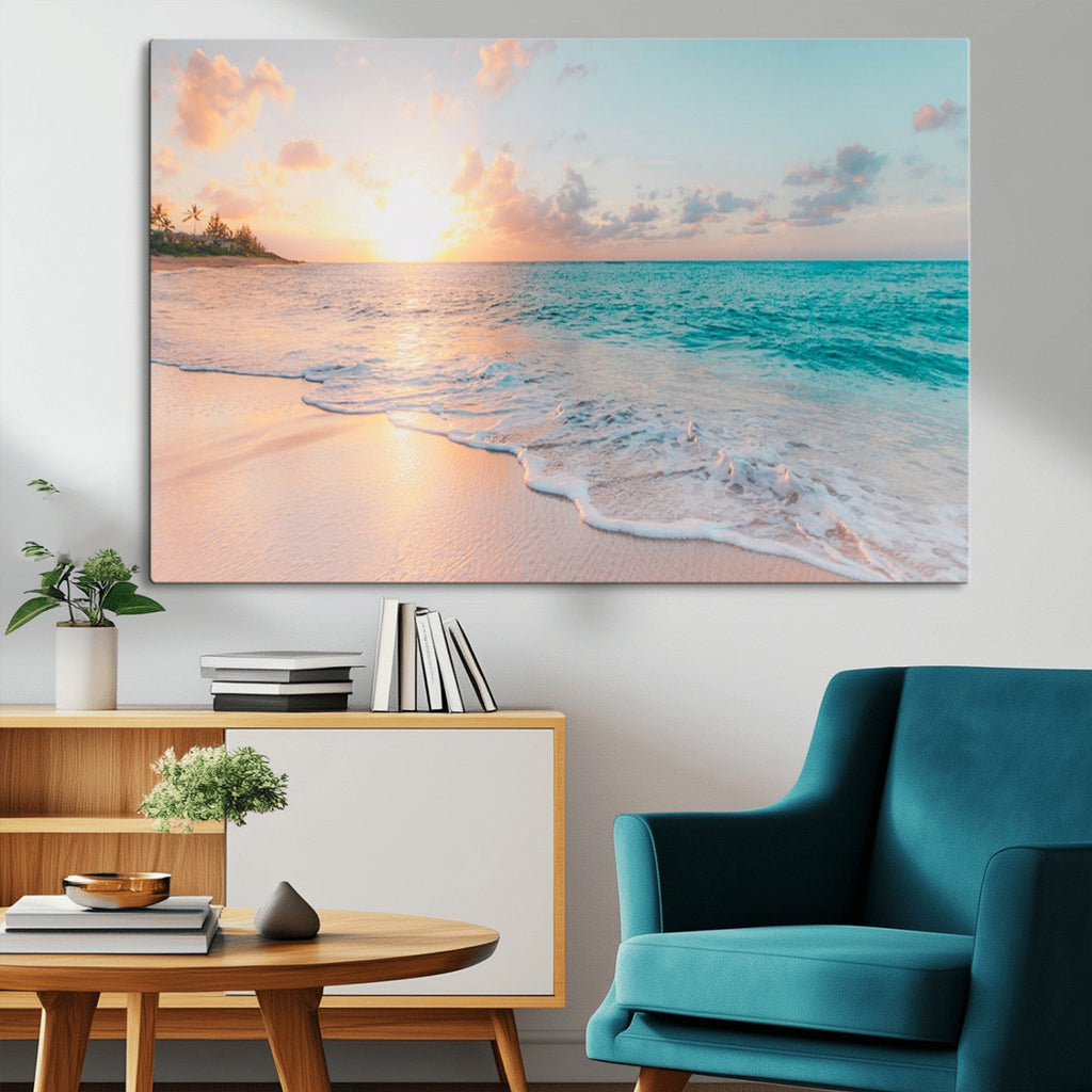 Beach Sunrise Wall Art, Coastal Seascape Canvas Print, Ocean Wave Wall Decor