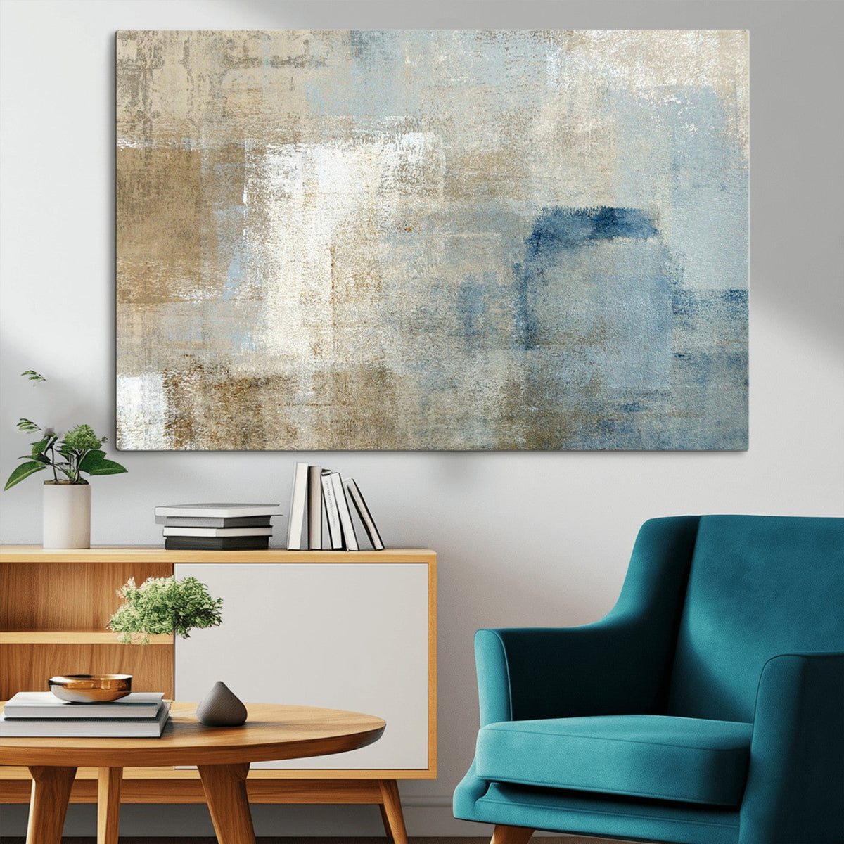 Abstract Blue and Beige Wall Art, Modern Minimalist Canvas Print Set