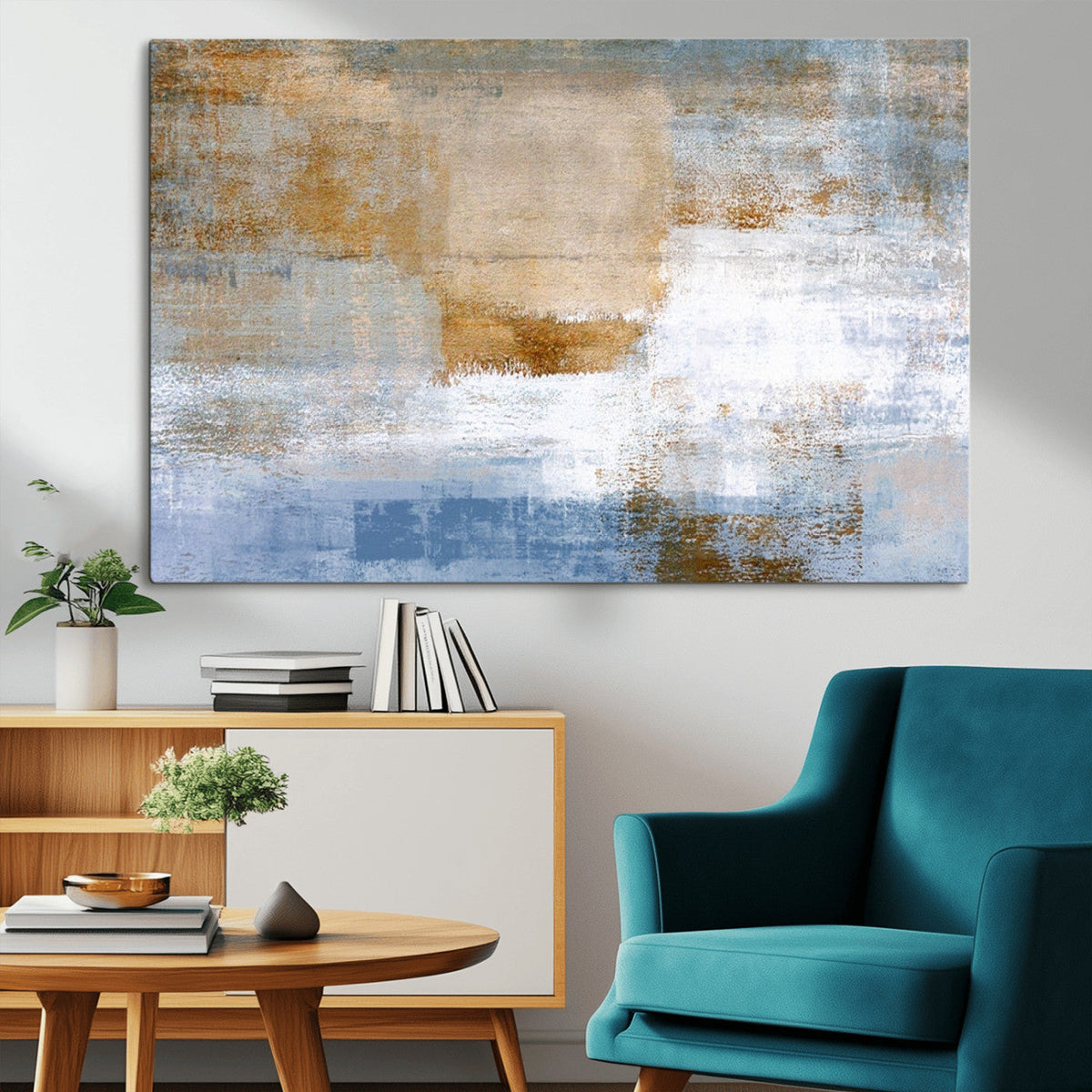Blue Multi Panel Abstract Wall Art Canvas, Abstract Blue and Gold Canvas Print