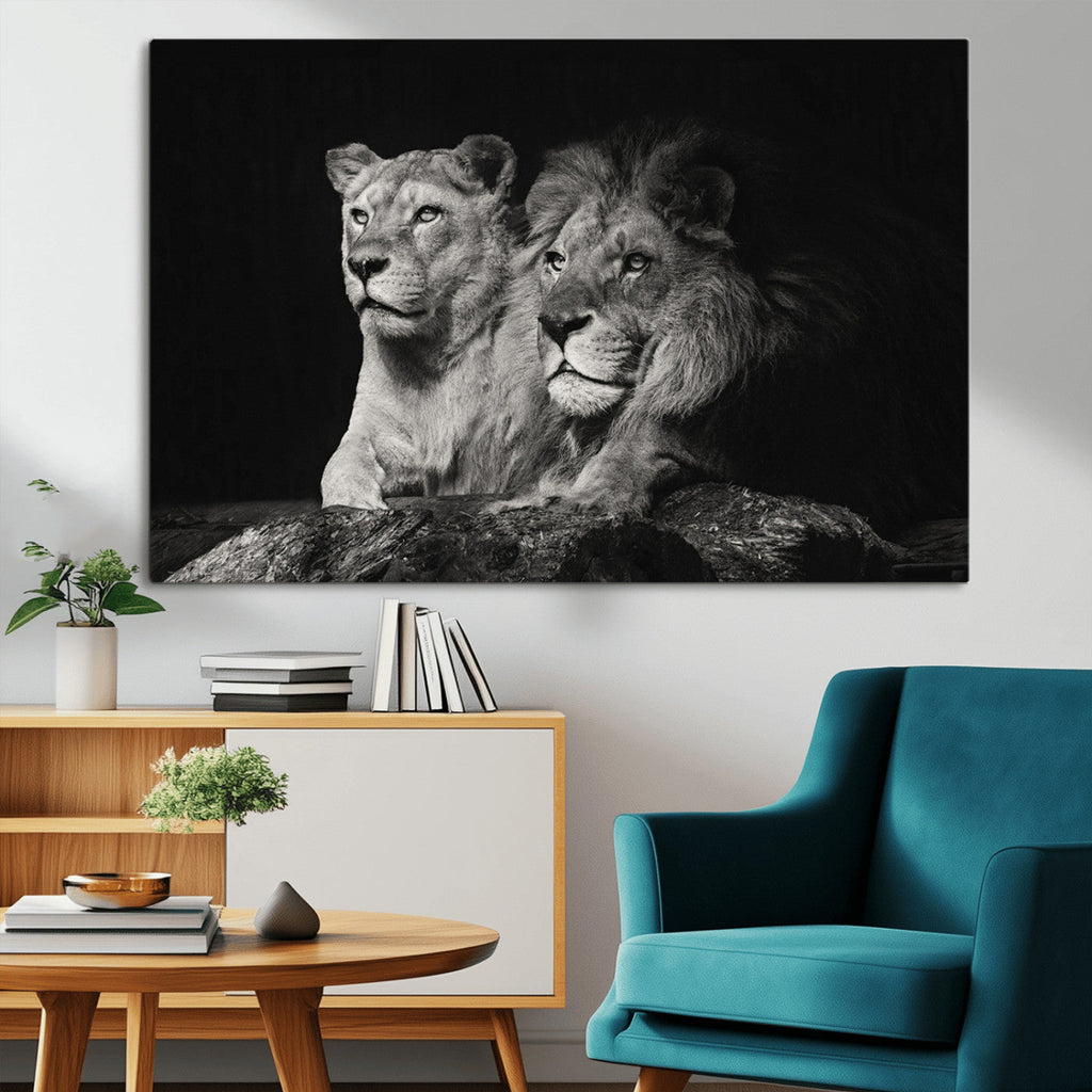 Lion Couple Wall Art Canvas Print, Elegant Black and White Wildlife Portrait