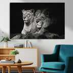 Lion Couple Wall Art Canvas Print, Elegant Black and White Wildlife Portrait