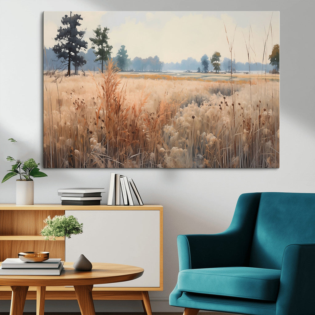 Golden Fields Canvas Wall Art Print | Serene Minimalist Landscape for Modern Decor