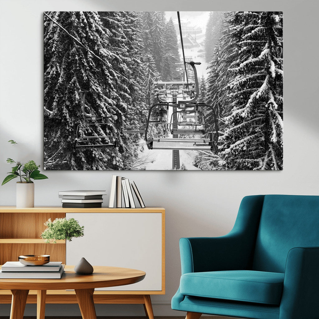 Winter Ski Lift Black and White Canvas Wall Art | Alpine Escape in Minimalist Style