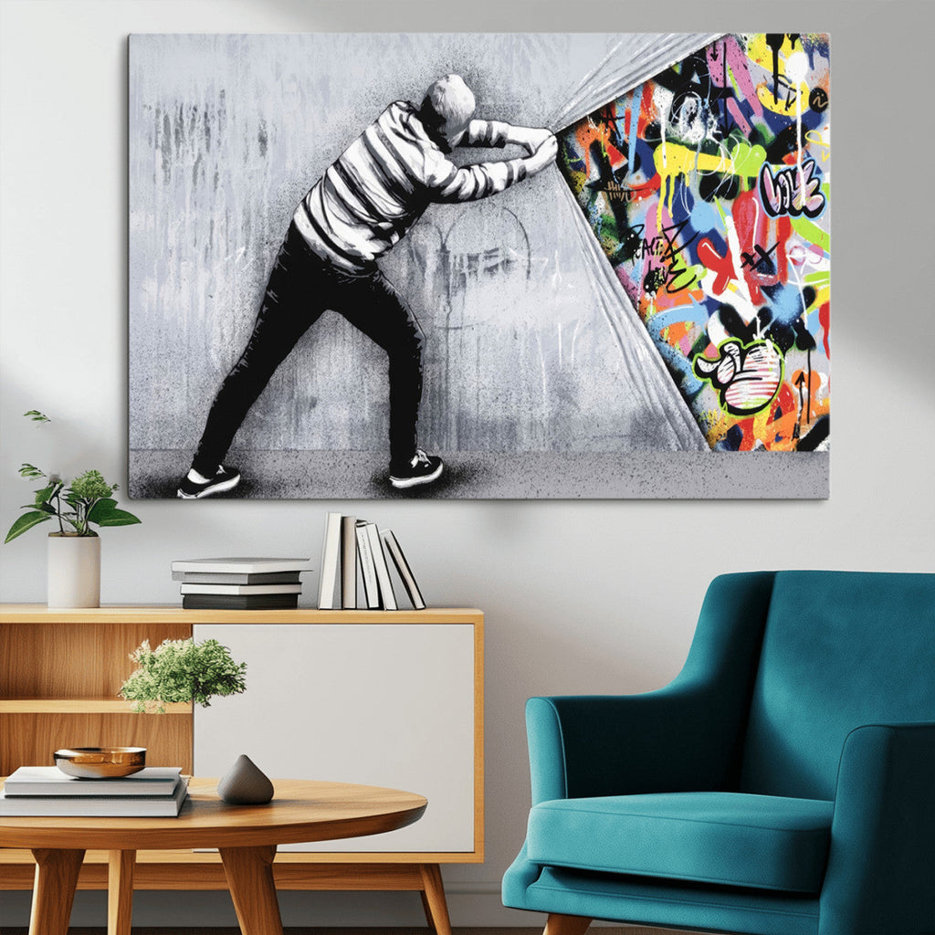 Banksy Art Behind the Curtain Street Wall Art Canvas Print | Urban Graffiti Style Wall Decor