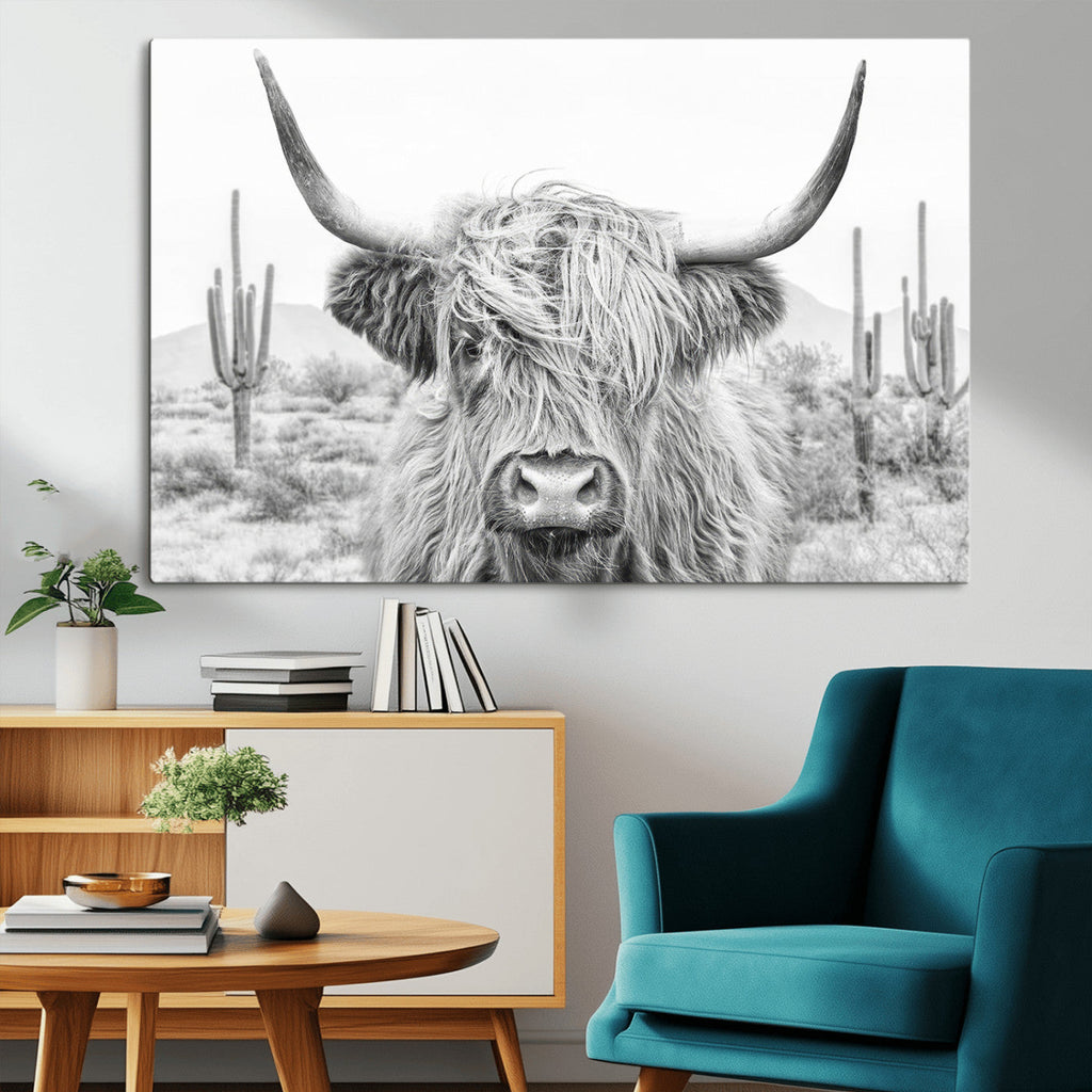 Rustic Charm, Cow Longhorn Black White Bighorn Wall Art