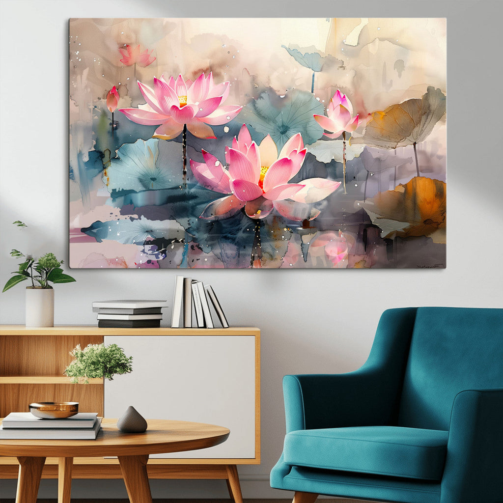 Lotus Flower Wall Art | 3 Panel Giclee Canvas Print of Pink Lotus Blossoms