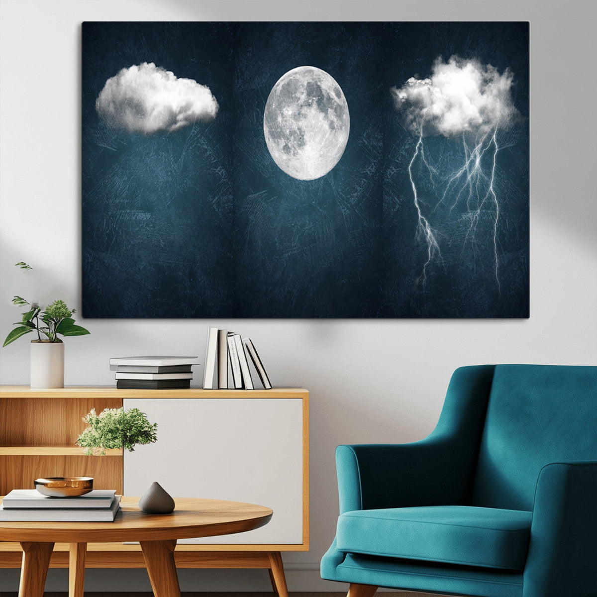 3 Piece Indigo Cloud Wall Art, Thunderstorm Moon Cloud Artwork