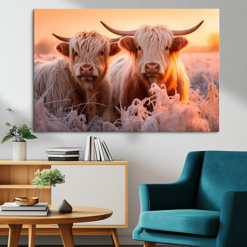 Highland Cows at Sunrise Wall Art Canvas Set