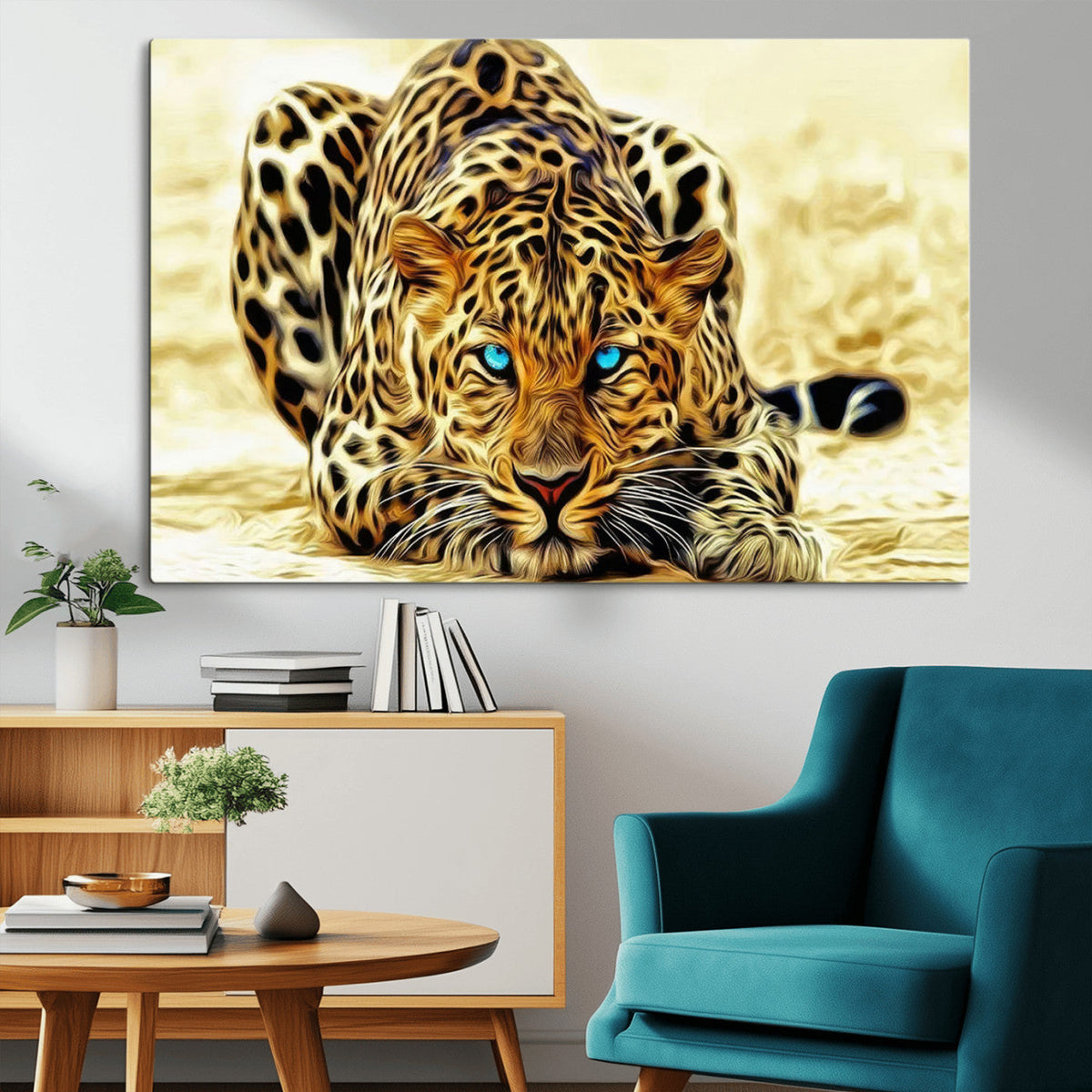 Blue-Eyed Leopard Canvas Wall Art, Framed Animal Print, Fierce and Bold Decor for Living Rooms
