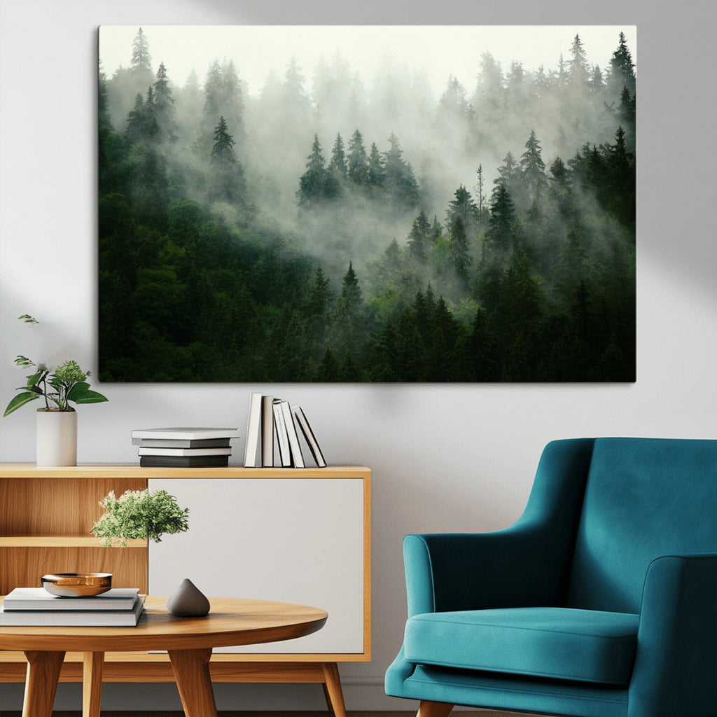 Misty Forest Wall Art | Tranquil Green Woodland Canvas Print