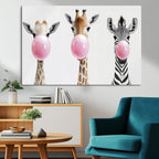 Bubblegum Animals Canvas Wall Art, Playful Giraffe and Zebra Trio, Whimsical Nursery and Kids Room Decor
