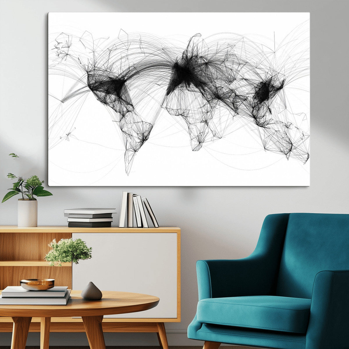 Abstract World Map Wall Art | Framed Geometric Line Canvas