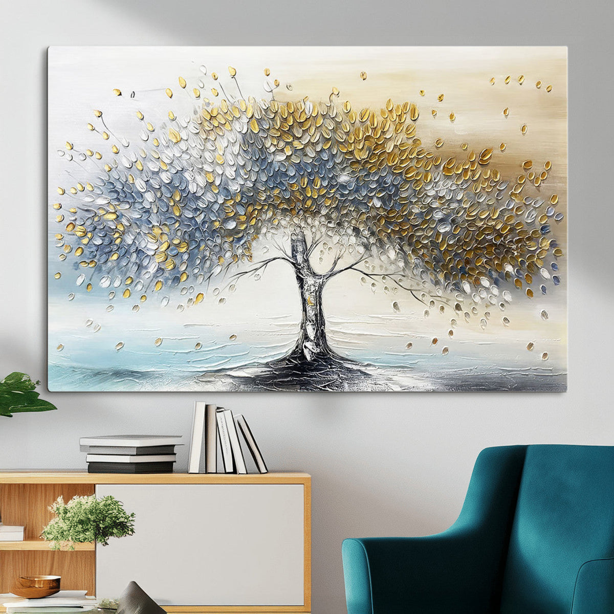 Golden and Silver Tree Wall Art | Framed Elegant Leaves Canvas