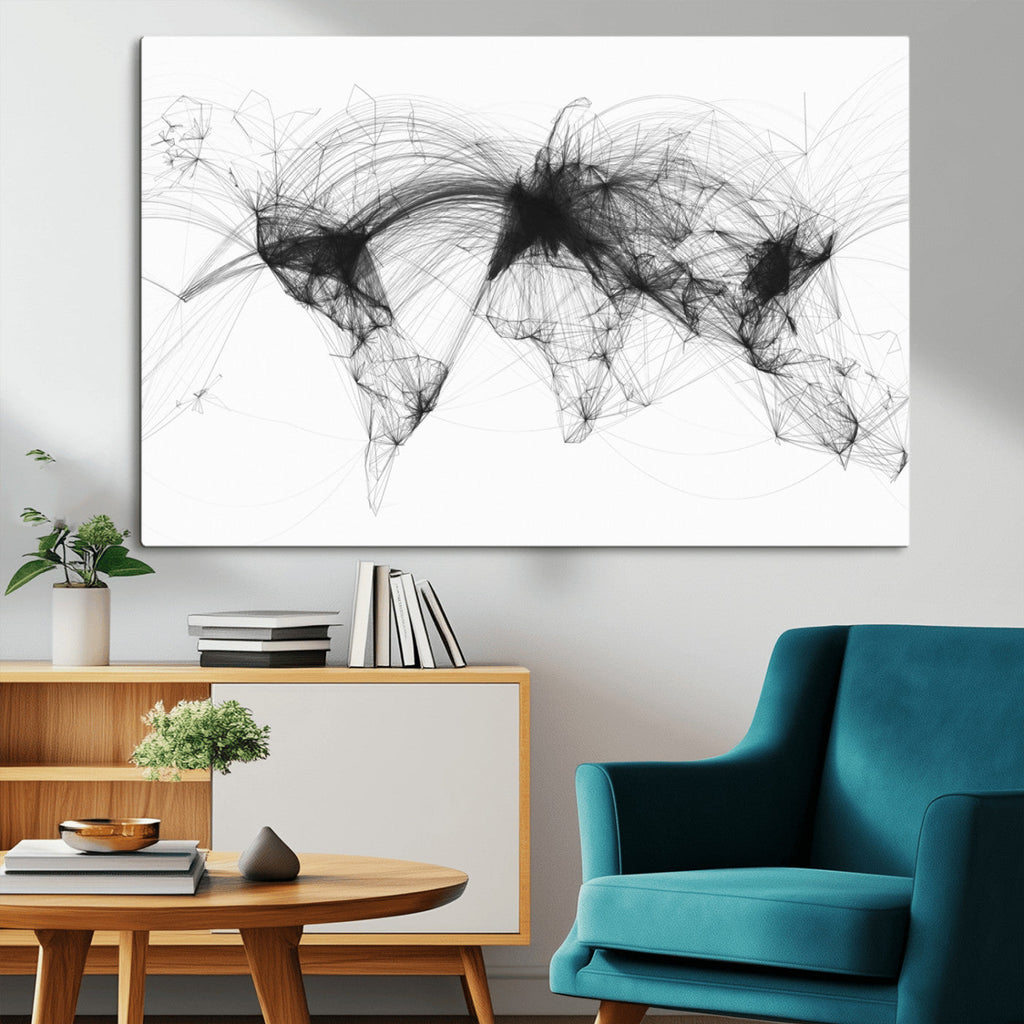Flight Routes Air Traffic Map Canvas Wall Art, World Flight Routes Print