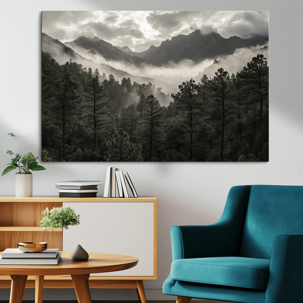 Moody Forest Wall Art | Framed Mountain Fog Canvas Artwork