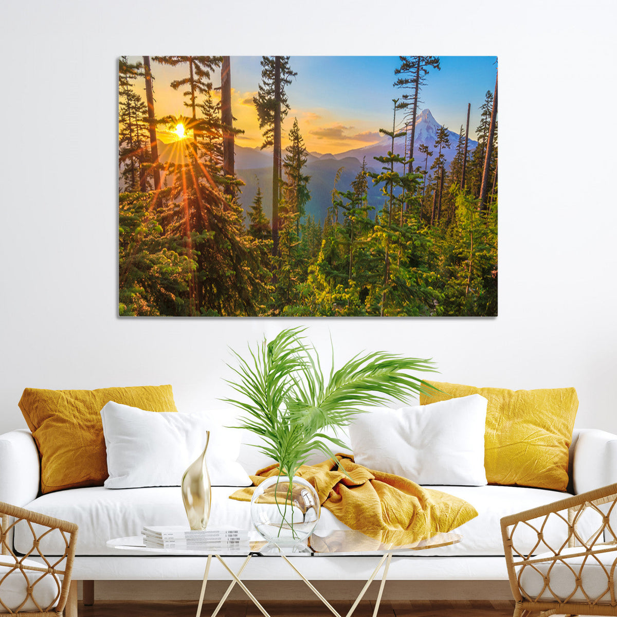 Forest Sunset Wall Art Canvas Print | Green Pines in Golden Light