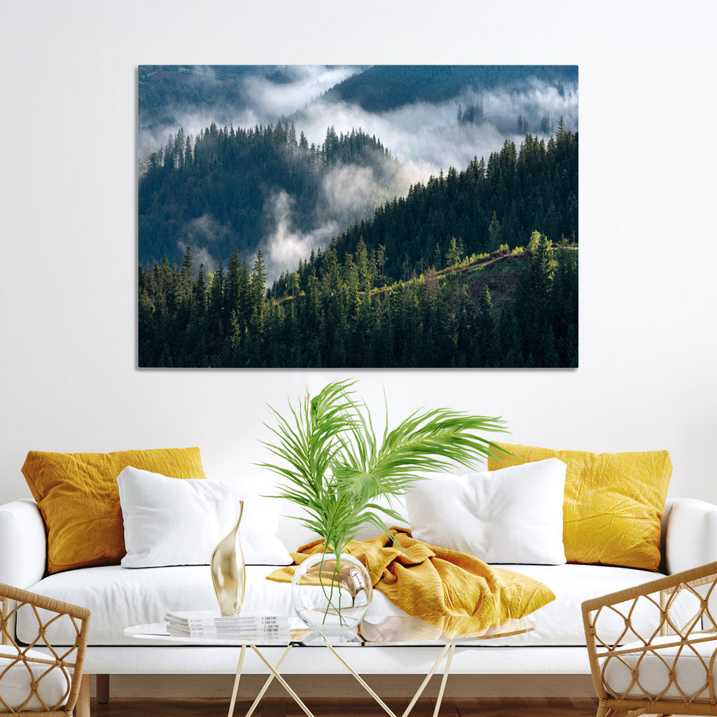 Misty Forest Wall Art Canvas Print | Pine Hills with Foggy Trees