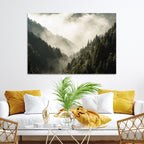 Misty Valley Wall Art Canvas Print | Foggy Forest and Pine Trees