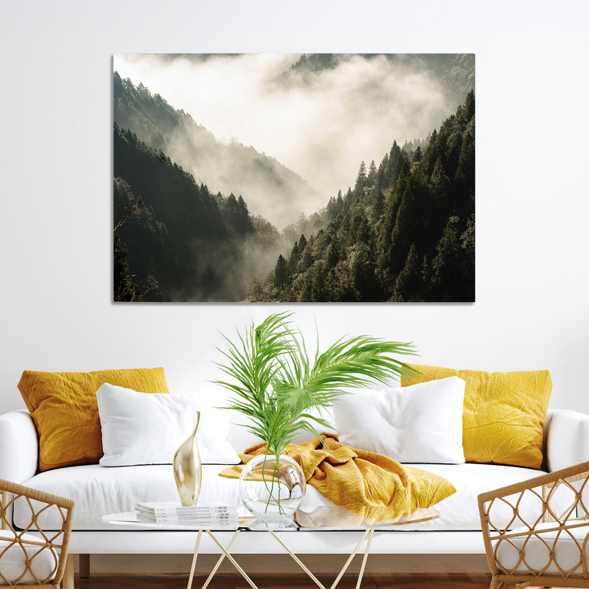 Misty Valley Wall Art Canvas Print | Foggy Forest and Pine Trees