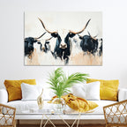 Texas Longhorn Wall Art Canvas Print | Majestic Horned Bull in Black and White