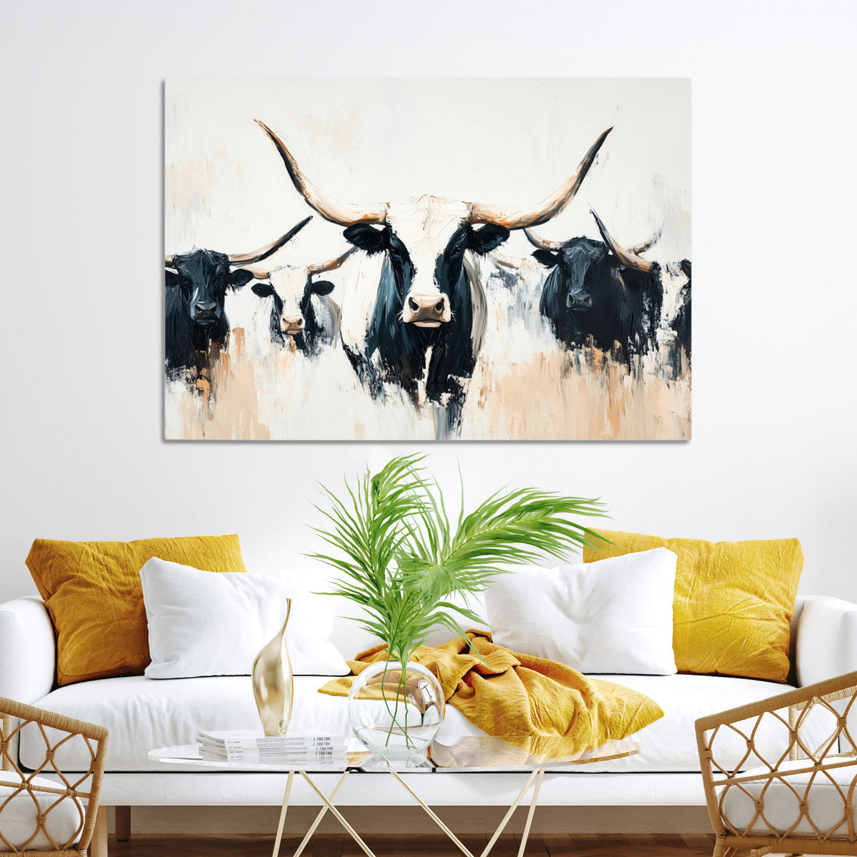 Texas Longhorn Wall Art Canvas Print | Majestic Horned Bull in Black and White