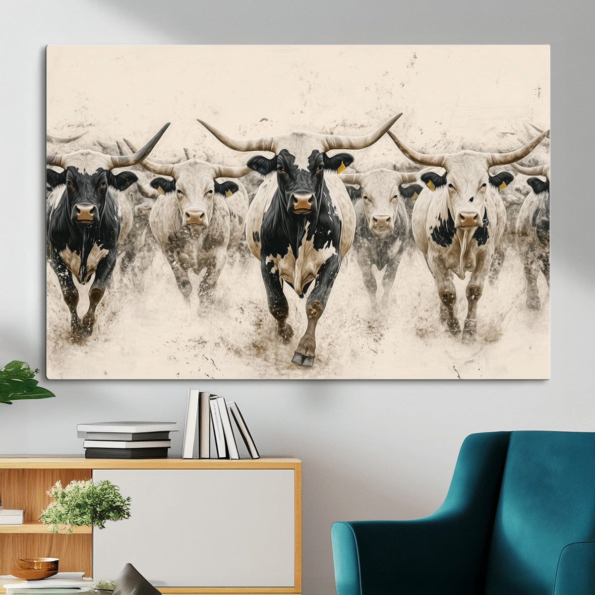 Texas Longhorn Wall Art | Framed Cattle Walking Canvas