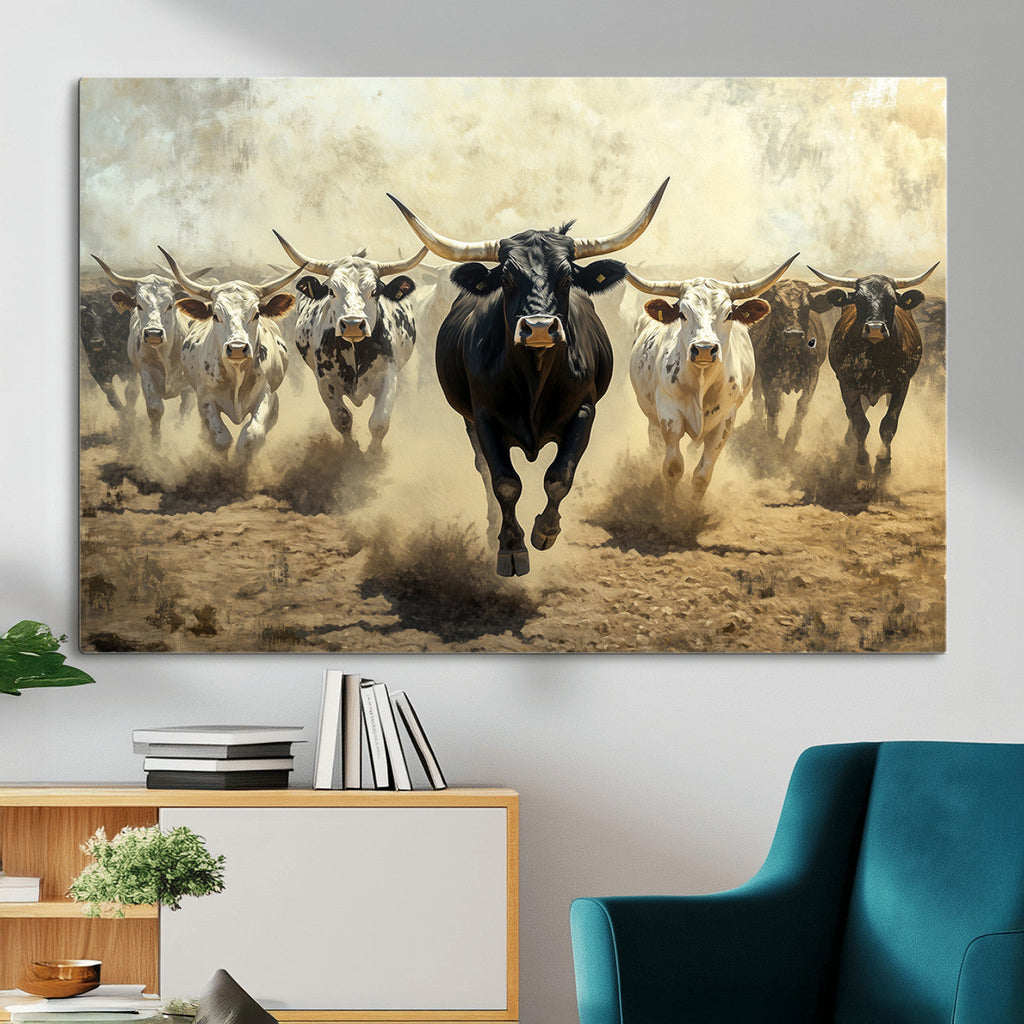 Texas Longhorn Wall Art | Framed Charging Cattle Canvas