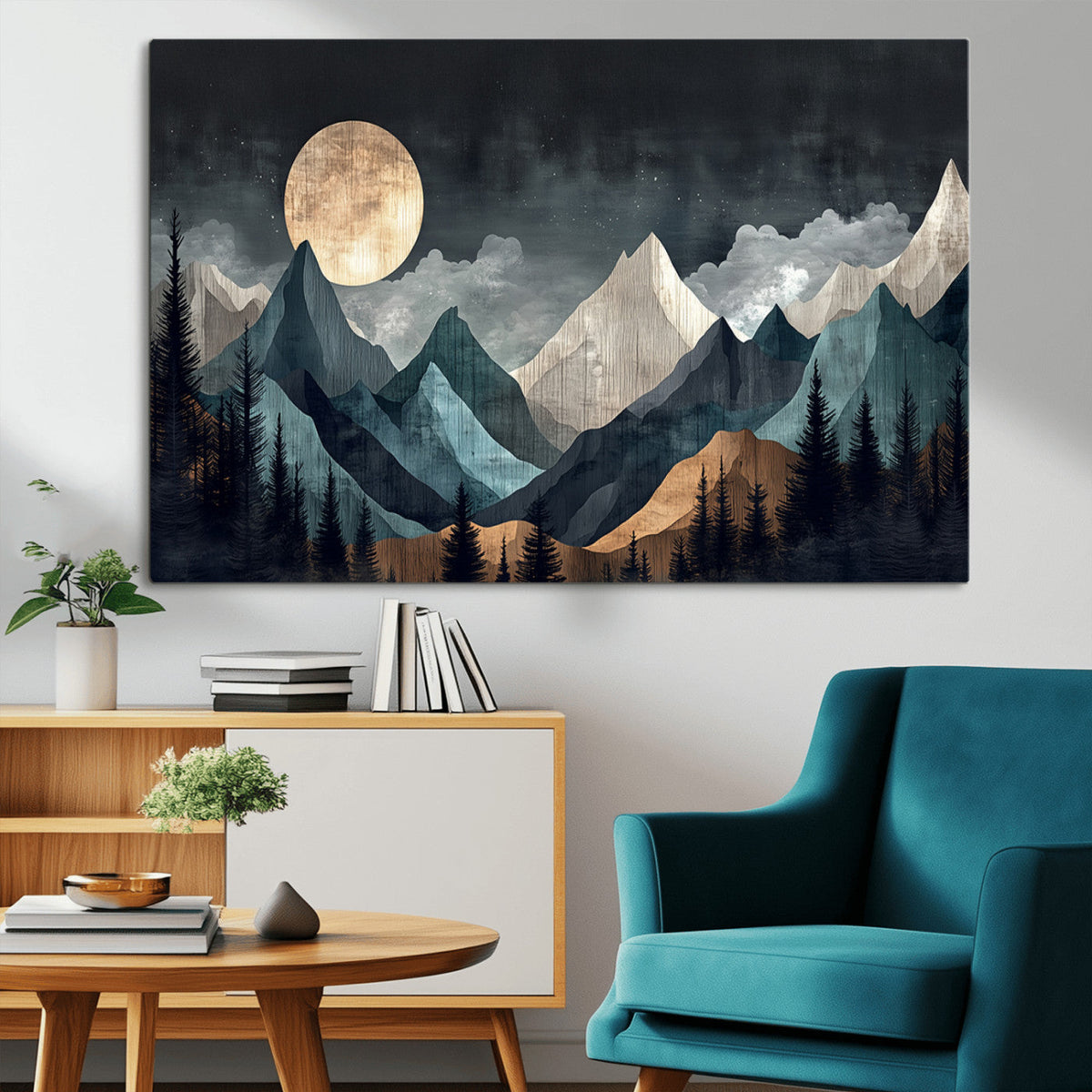 Moonlit Mountain Wall Art Canvas Print, Framed Silhouetted Pines Art, Layered Peaks Rustic Decor