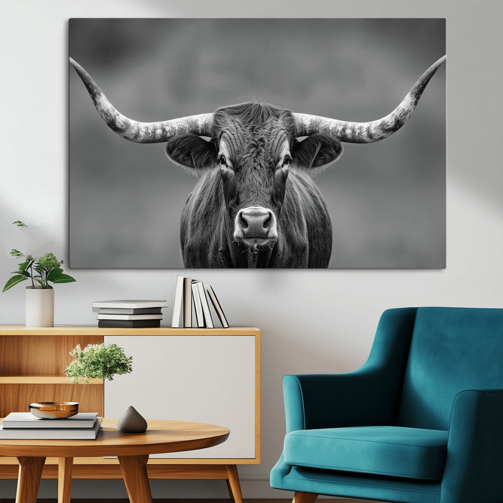 Texas Longhorn Wall Art Canvas Print, Framed Western Bull Photography, Rustic Log Cabin Decor