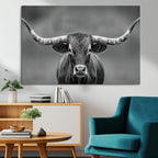 Texas Longhorn Wall Art Canvas Print, Framed Western Bull Photography, Rustic Log Cabin Decor