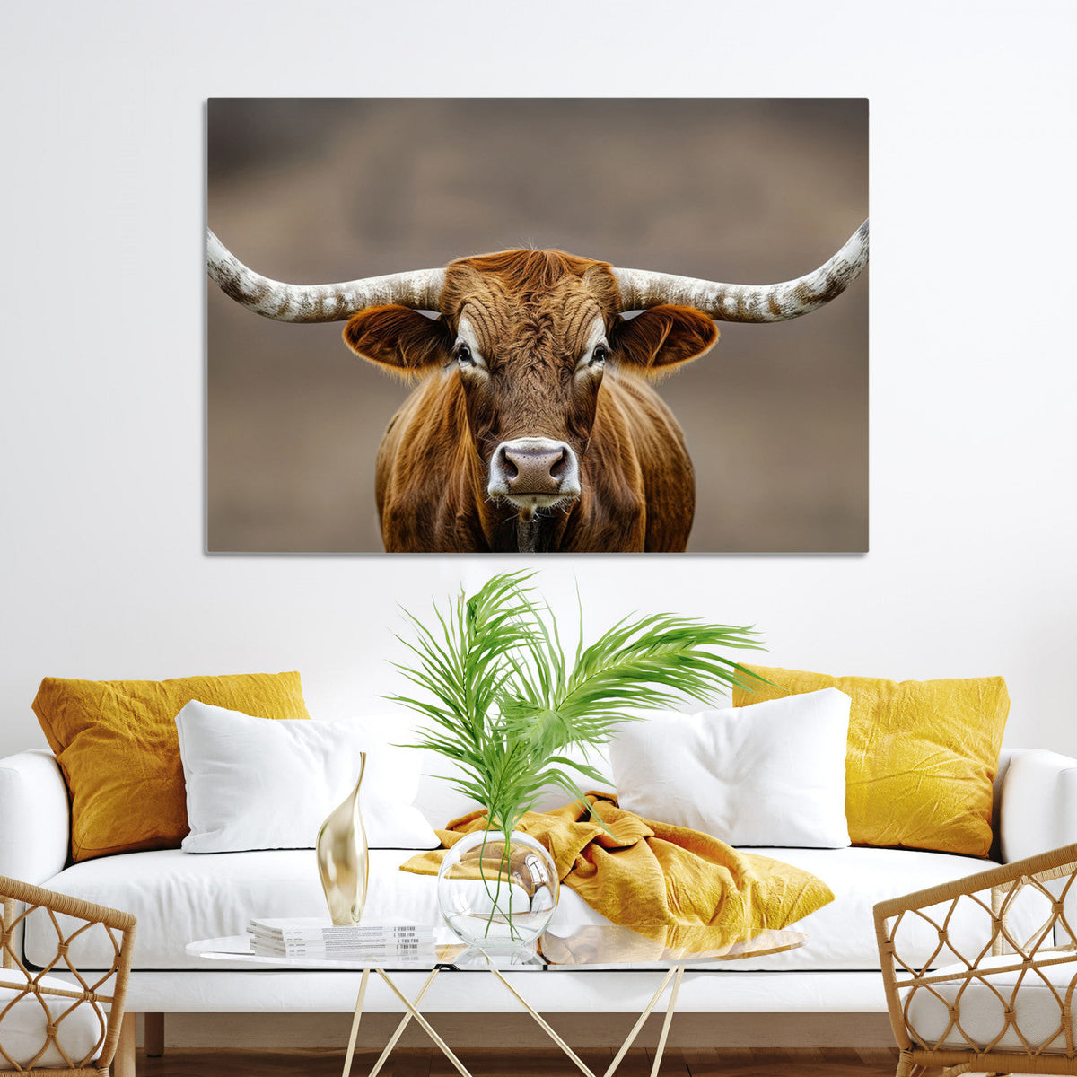 Texas Longhorn Wall Art Canvas Print | Rustic Brown Bull Western Decor
