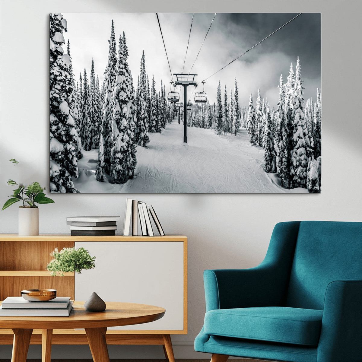 Snowy Pines Wall Art Canvas Print | Ski Lift in a Winter Forest
